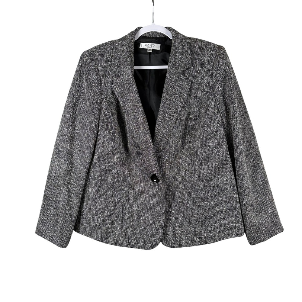 Kasper Separates Womens 14W Blazer Black White‎ Herringbone Jacket Office Career